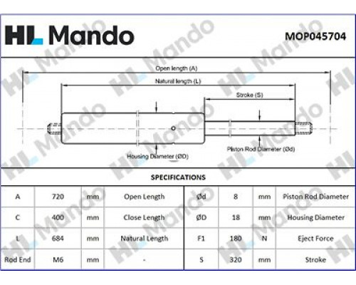 MOP045704 Mando Амортизатор капота для Opel Insignia 2008-2017