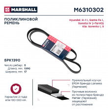 Ремень поликлиновой 5PK1390 Hyundai Santa Fe I 01- / Sonata IV (+ТагАЗ) 98-; Kia Sorento I, II 02- (M6310302)