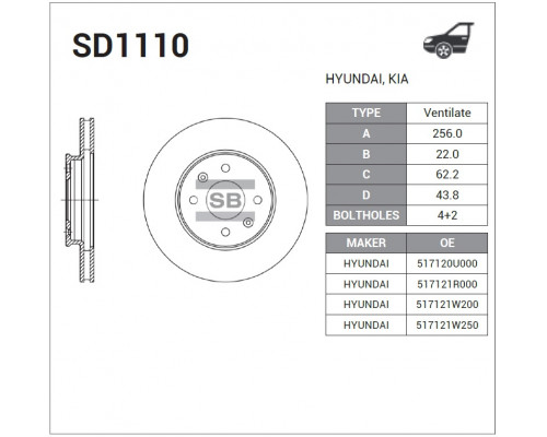 SD1110 Sangsin Диск тормозной передний вентилируемый