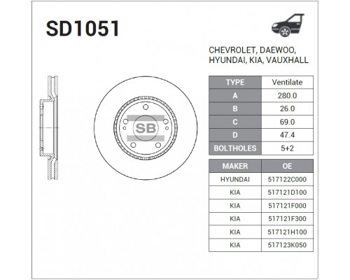 SD1051 Sangsin Диск тормозной передний вентилируемый