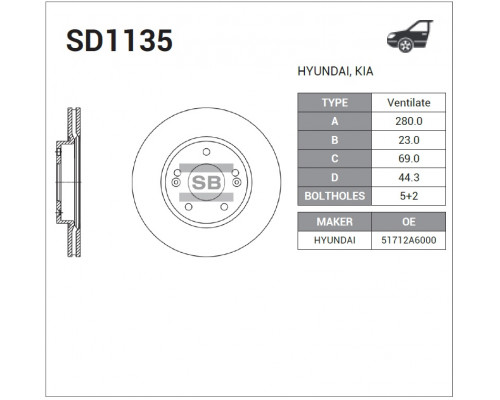 SD1135 Sangsin Диск тормозной передний вентилируемый