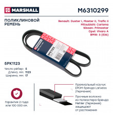 Ремень поликлиновой 5PK1123 Renault Duster I 10- / Master II 98- / Trafic II 01-; BMW 3 (E36) 90- (M6310299)