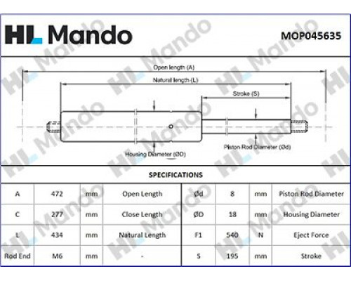 MOP045635 Mando Амортизатор двери багажника для Mitsubishi Outlander (CU) 2001-2008 MOP045635 Mando Амортизатор двери багажника для Mitsubishi Outlander (CU) 2001-2008