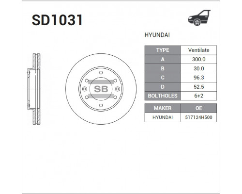 SD1031 Sangsin Диск тормозной передний вентилируемый для Hyundai Starex H1/Grand Starex 2007>