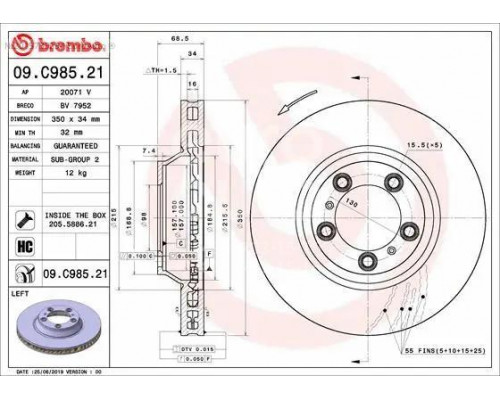 09.C985.21 Brembo Диск тормозной передний вентилируемый левый для Porsche Cayenne 2017>