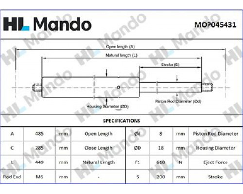 MOP045431 Mando Амортизатор двери багажника для Hyundai Elantra 2000-2010