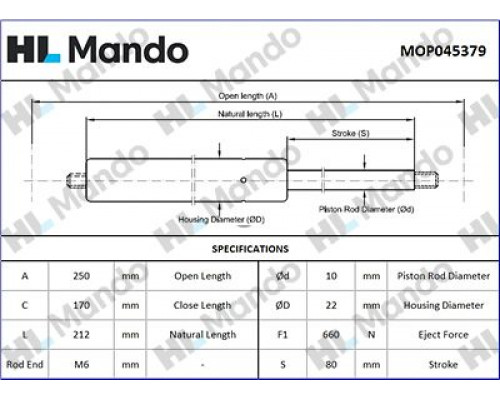 MOP045379 Mando Амортизатор капота для Ford Mondeo III 2000-2007