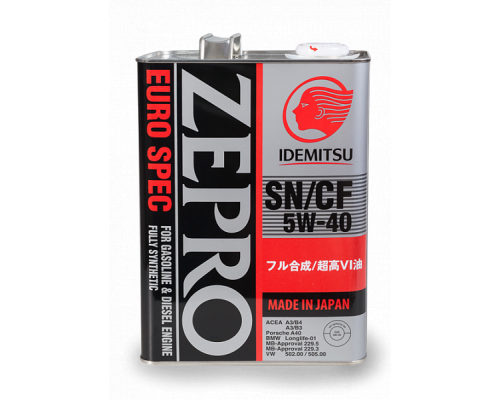 Масло моторное IDEMITSU ZEPRO EURO SPEC 5W40 SN/CF, ACEA A3/B4, MB 229.5, VW 502.00/505.00, BMW LL-01, PORSCHE A40  4L. (1849-004)