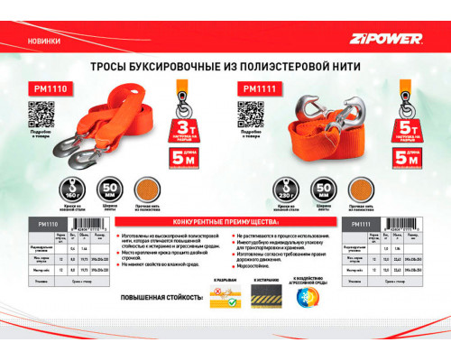 Трос буксировочный, ленточный, 5 м, усилие 3 т. ZiPOWER