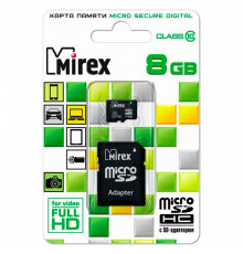 Карта памяти Mirex  MicroSD 8GB Class 10 + SD адаптер