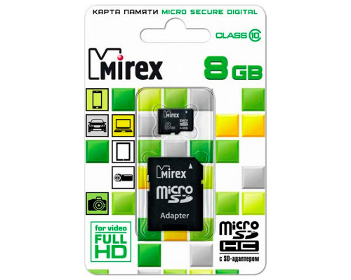 Карта памяти Mirex  MicroSD 8GB Class 10 + SD адаптер