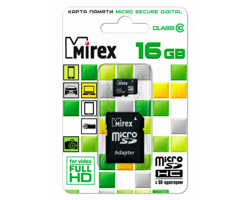 Карта памяти Mirex  MicroSD 16GB Class 10 + SD адаптер